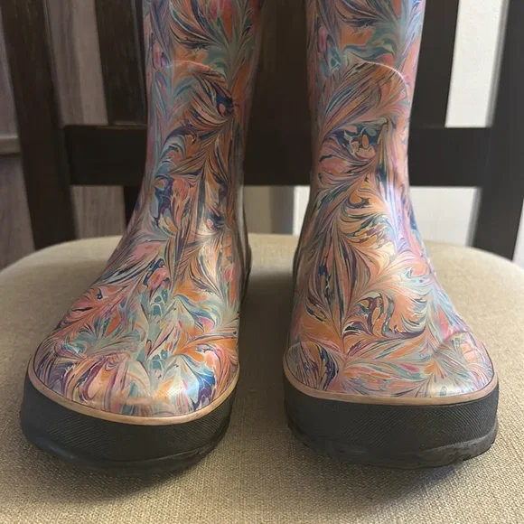 Bogs Kids Girls Pull On Handle Rain Boots Marble Peach Orange Size 3